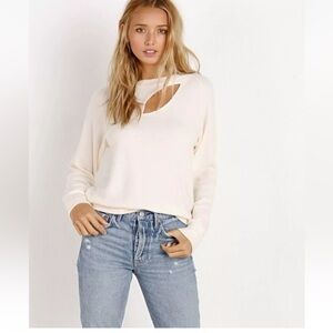 LNA Sweater Sz S Grey Cutout Top Ivory Eggnog Brushed Soft Stretchy Comfy Shirt